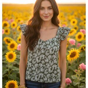 NEW Loft XXLP Green Leaf Ruffle V Neck Knit Tank Top Cottage Boho Forest Fairy